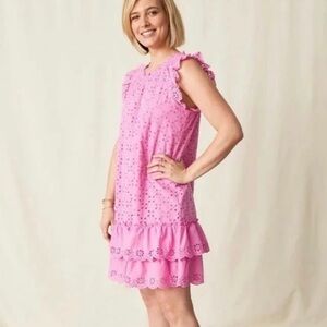 Matilda Jane Pink Eyelet Ruffle Hem Dress Women’s L Cotton EUC